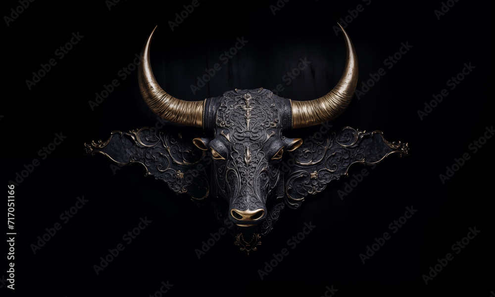 Fototapeta premium Skulptur eines Stier-Kopf aus Metall, mit goldenen Hörnern und Muster verziert. Illustration vor dunklem Hintergrund