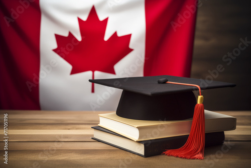 Stack of Books With a Graduation Hat and Canadian Flag in the Background