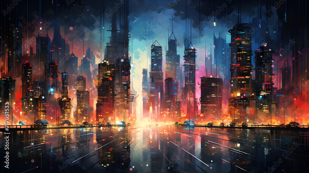 illustration of background of a Big city with night lighting in painterly illustration style Digital art,,
Neon colored cityscape skyline at nigh