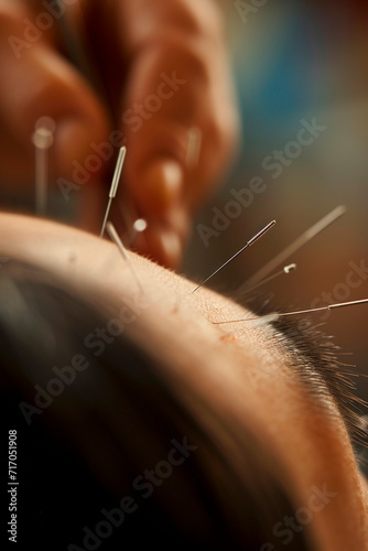 Acupuncture in a spa salon. Selective focus.