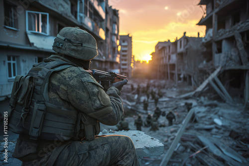 A soldier in camouflage with a machine gun stands among the ruins of a destroyed city.