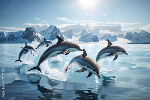 A pod of dolphins jumping over the sea