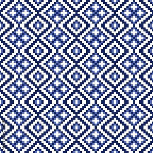 Geometric Blue Pixel Art Seamless Pattern on White Background. Vector design for wallpaper and background