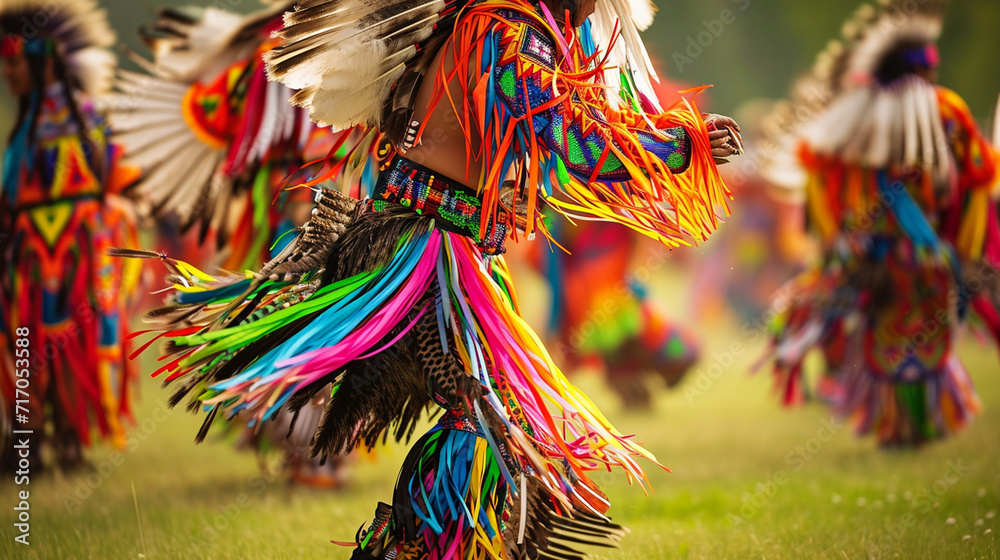 A Native American powwow celebration, featuring dancers adorned in vibrant regalia, their intricate movements creating a mesmerizing visual display of cultural richness and traditi