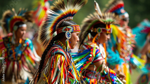 A Native American powwow celebration, featuring dancers adorned in vibrant regalia, their intricate movements creating a mesmerizing visual display of cultural richness and traditi photo