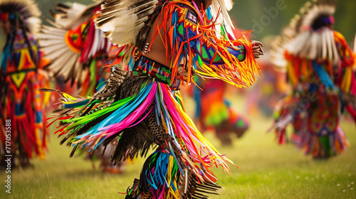 A Native American powwow celebration  featuring dancers adorned in vibrant regalia  their intricate movements creating a mesmerizing visual display of cultural richness and traditi