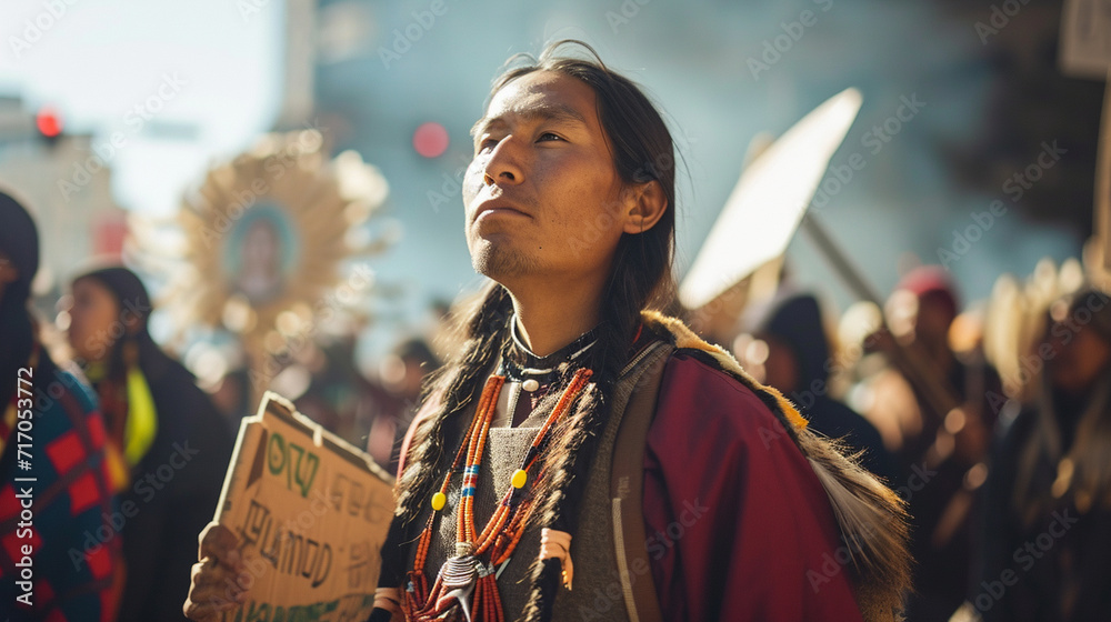 A powerful image of a Native American activist holding a sign during a protest, advocating for indigenous rights and environmental justice. The visual narrative reflects the resili