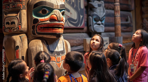 A group of Native American children learning traditional storytelling around a totem pole, the animated expressions and vivid imagery adding an educational and cultural dimension t photo