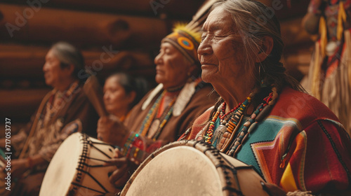 An intimate portrait of a Native American family engaged in traditional drumming and singing, their expressions reflecting the spiritual and communal significance of indigenous mus