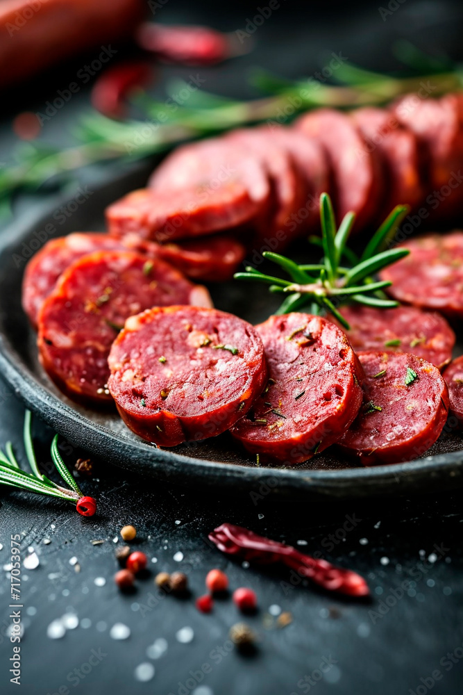 Sausage pieces on a plate. Selective focus. Sausage pieces on a plate. Selective focus.