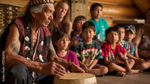 An elder passing down traditional knowledge to a group of eager young learners, creating a visually rich scene that emphasizes the importance of intergenerational transmission of c photo