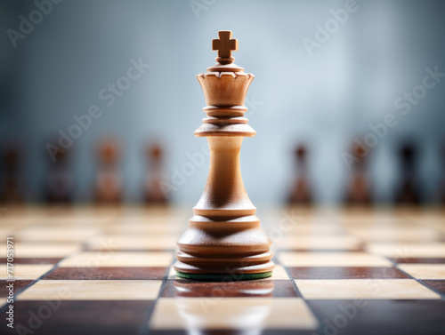 Chess King Standing Alone on a Wooden Board.