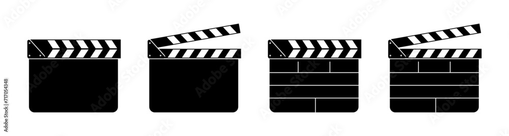 Clapper board set in black and white color. Movie clapper board vector image. Roll camera action opened and closed movie clapper film clap board - Vector Icon - obrazy, fototapety, plakaty 
