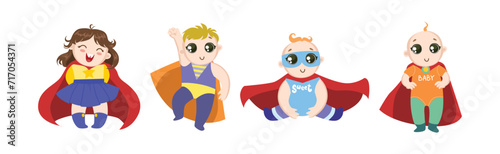 Cute Baby Kids Superhero Character in Cape Vector Set