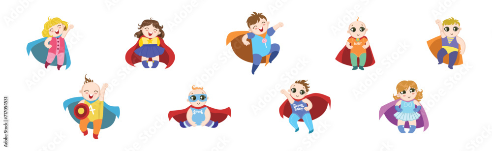 Cute Baby Kids Superhero Character in Cape Vector Set Cute Baby Kids Superhero Character in Cape Vector Set