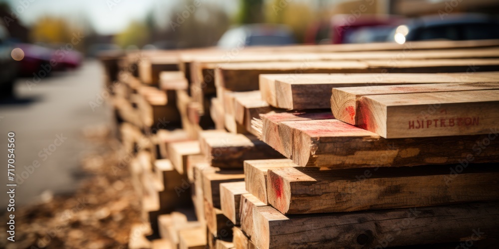 Obraz premium Stacked wooden pallets in focus with blurred urban backdrop in daylight