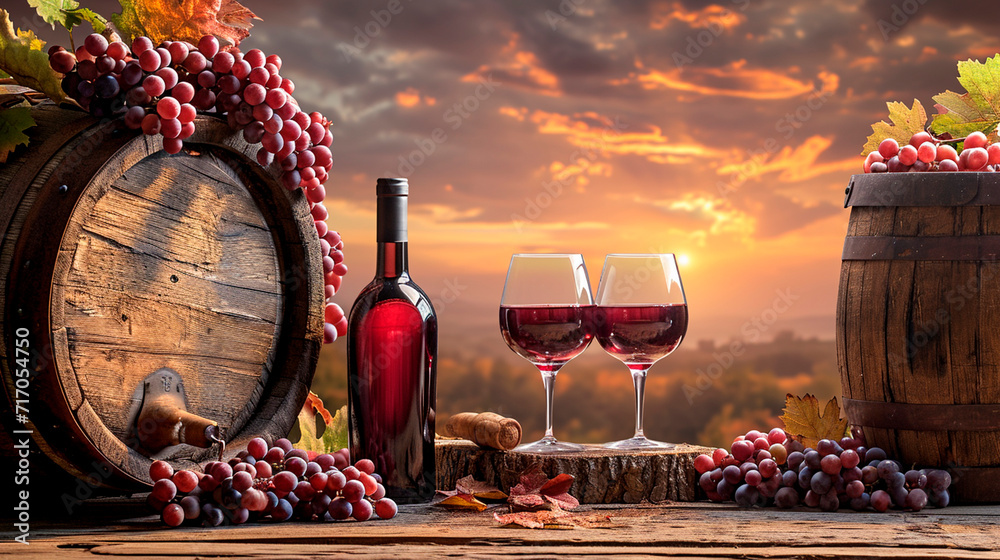 Fototapeta premium Barrel and wine in the vineyard. Selective focus.