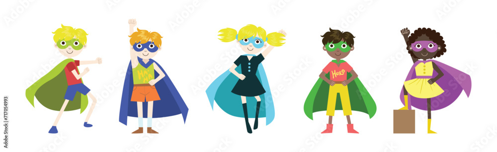 Cute Baby Kids Superhero Character in Cape Vector Set Cute Baby Kids Superhero Character in Cape Vector Set