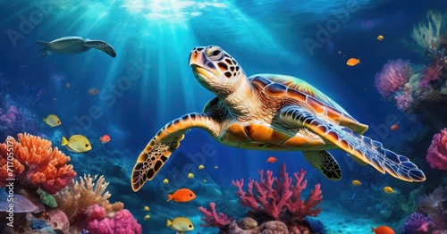  
 Colorful Glowing Sea Turtle swimming in the dark blue ocean water. in the Blue Depths Neon underwater