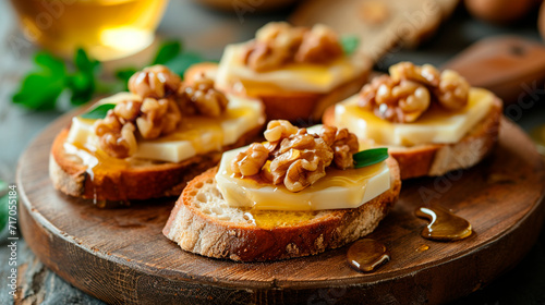 Bruschetta with camembert with honey and nuts. Selective focus.