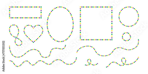 Set of Mardi Gras decorative elements - beads and bracelets, frames, overhanging beaded jewelry. Festive vector illustrations isolated on white background, for holidays invitations. Beads and Throws.