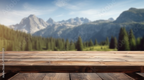 "Nature's tabletop: Wooden table background with free space for your decoration, set against a blurred camping scene in the mountains