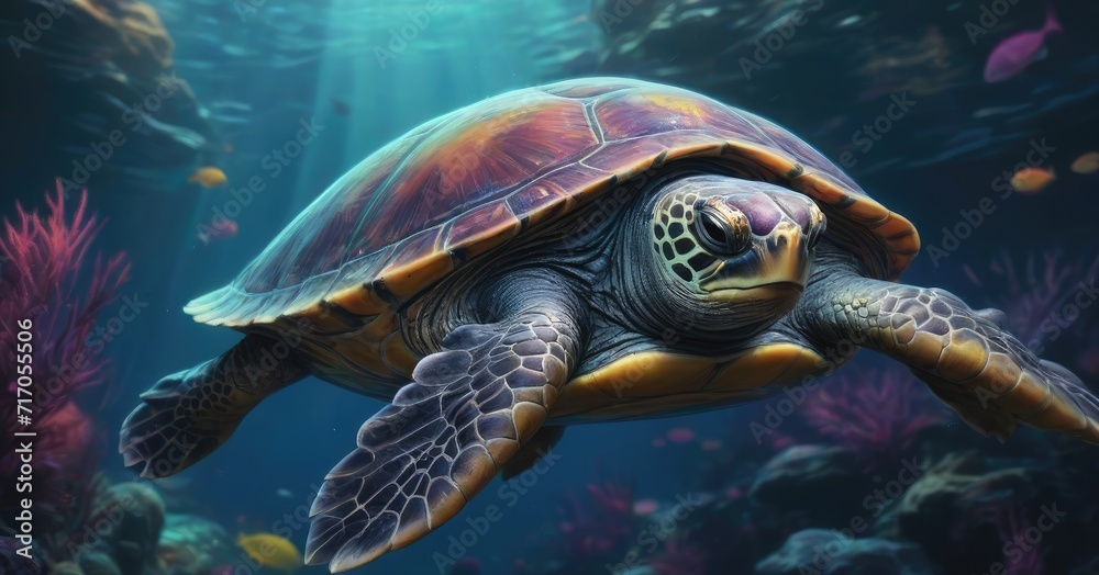 Fototapeta premium Colorful Glowing Sea Turtle swimming in the dark blue ocean water. in the Blue Depths Neon underwater