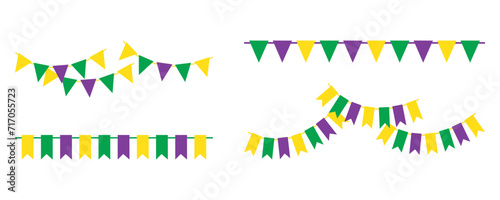 Mardi Gras carnival set of pennants, separate festive elements for festival, masquerade. Mardi Gras festive garland, bunting flags. Shrove Tuesday, Fat Tuesday, celebration and march parade.