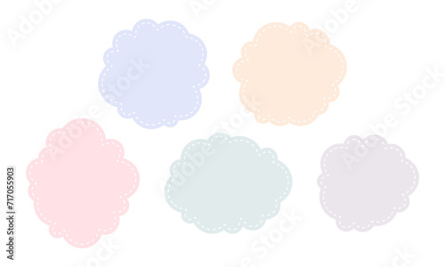 Pastel colored dotted patches. Pastel templates, place for text or photo frames. Set cloud patches with dotted line. Decorative vector elements isolated on white background. Cute sticky notes set.