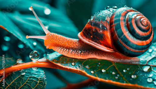 Snail on a dewy leaf in teal and orange tones. photo