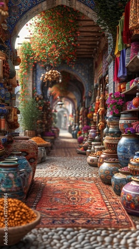 A vibrant Moroccan bazaar themed liquid abstract 3D extrusion, with an array of spices colors, rich textiles, and lively atmosphere.