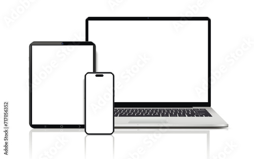 Laptop computer, tablet and mobile phone. Flat lay detailed and realistic devices mockup