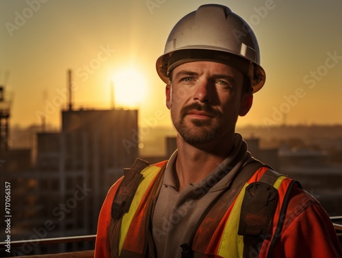 Confident Construction Worker at Sunrise. A confident construction worker with a reflective vest poses at sunrise.