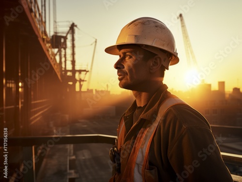 Construction Foreman Overseeing Site at Dawn. A close-up of a construction foreman with a sunrise backdrop