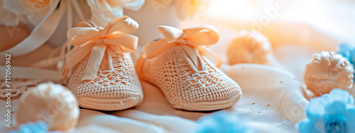 baby booties on a white background. Selective focus.