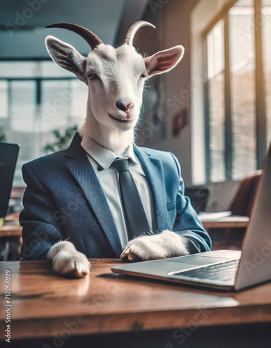 White goat wearing business suit sits at its desk in office with laptop