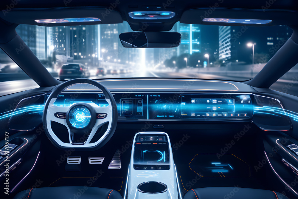 Futuristic car interior with advanced hud screen and ai infotainment