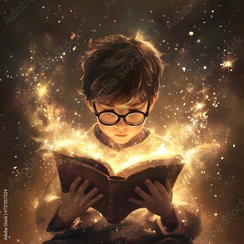 the boy in glasses is reading a book with sparks, in the style of realistic fantasy artwork, harry kingsley, light gold and dark brown, orton effect, makoto shinkhai, cute and dreamy, 8k photo