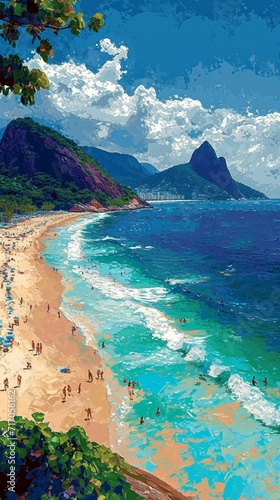 A vibrant Rio de Janeiro Copacabana beach scene themed liquid abstract 3D extrusion, with lively blues, greens, and the energy of Brazil's famous shoreline.