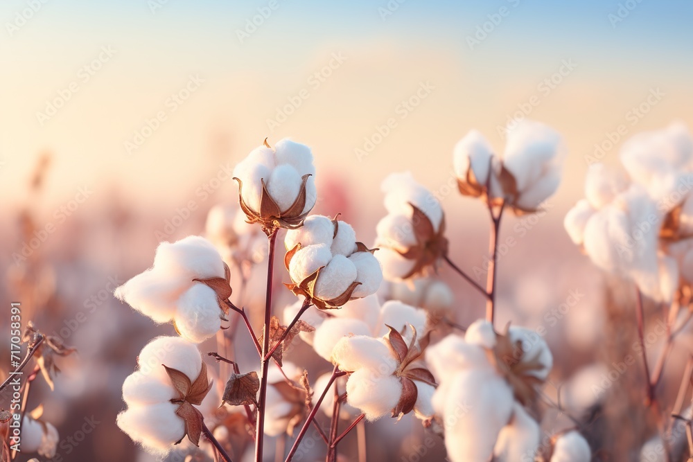 closeup of a fluffy cotton sprig in a field on a blurred background