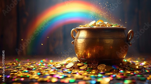 pot with gold coins and rainbow on the pot photo