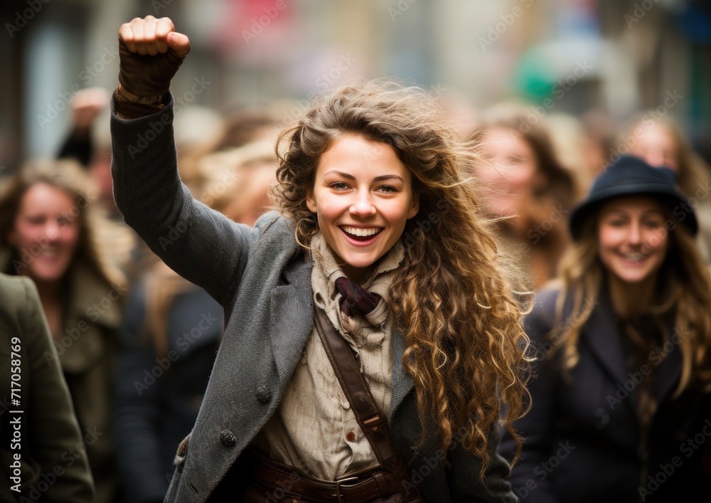 Exuberant young woman raises her fist in triumph, surrounded by joyful crowd Exuberant young woman raises her fist in triumph, surrounded by joyful crowd