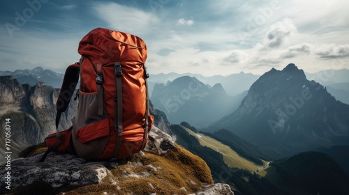 Peak adventure: Backpack against a stunning mountain landscape.