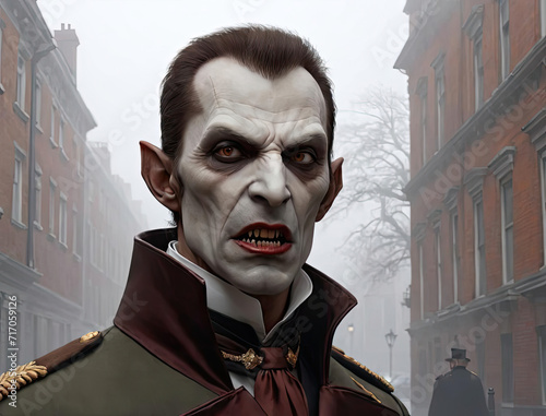 Highly Artistic Realistic Portrait of a Cold War Vampire on Foggy Victorian Streets Gen AI photo