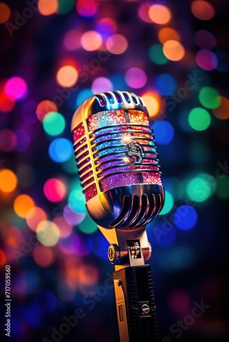 vertical image of stylish old retro microphone on multicolored lighting bokeh background