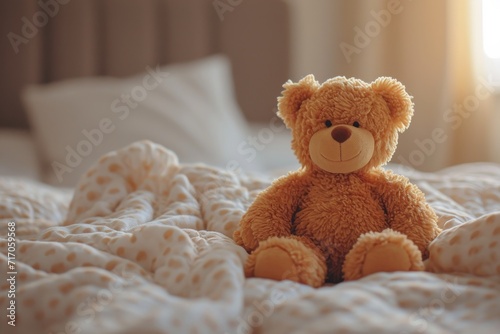 A beloved teddy bear rests comfortably on a plush bed, surrounded by soft linens and comforting walls, embodying childhood nostalgia and comfort
