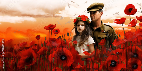 Anzac Day banner with red poppies and a military man with a child photo