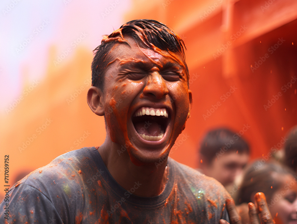 The man is joyful at the La Tomatina Festival The man is joyful at the La Tomatina Festival