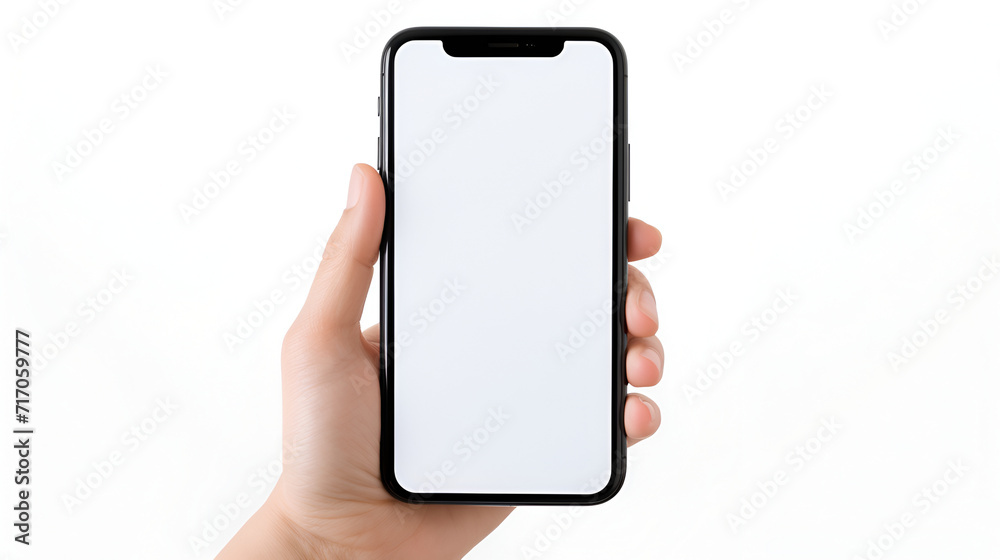 Close up women Hand holding smartphone on white background generated AI