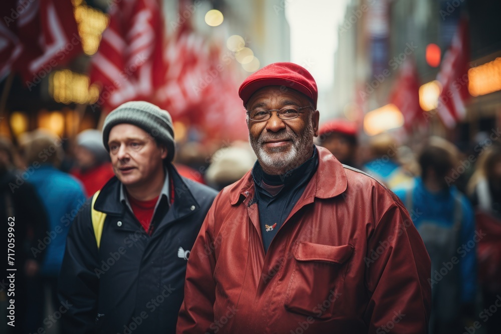 Senior man in red with joyful demeanor amidst a bustling protest crowd Senior man in red with joyful demeanor amidst a bustling protest crowd